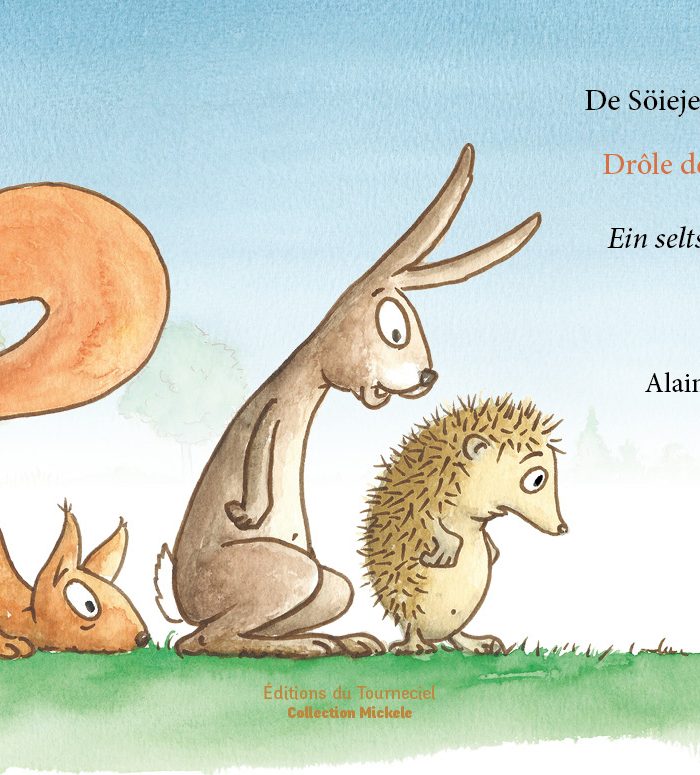 Couverture du livre jeunesse trilingue "De Söiejel mìt Locke - Drôle de hérisson - Ein seltsamer Igel", par Alain Kauss.
