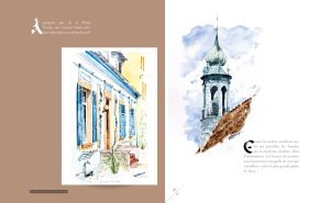 Extrait, pages du beau livre "Colmar sur le bout des doigts", collection L'Esprit d'un lieu — Éditions du Tourneciel — aquarelles de Guy Ritzenthaler, textes de Gabriel Braeuner